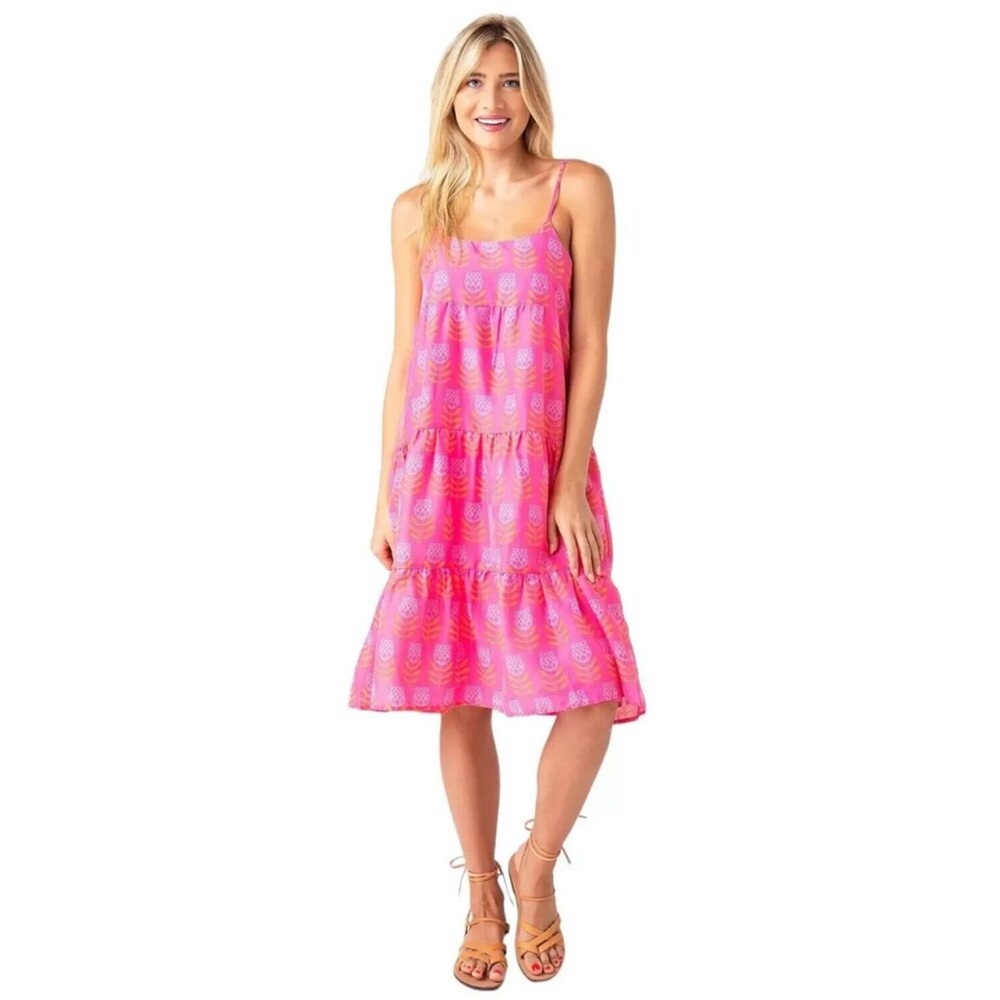 J Marie Size Medium Pink Tulip Flower Print Dress Orange